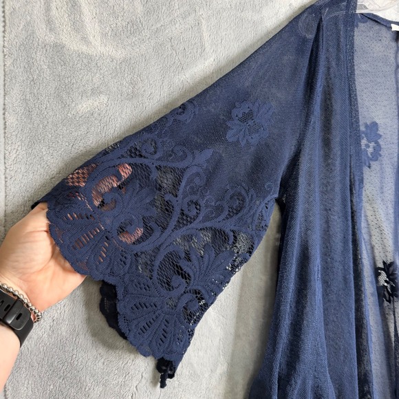Maurices Lace Open Front Cardigan Womens M Navy Blue Boho Floral Micro Mesh - Picture 2 of 11